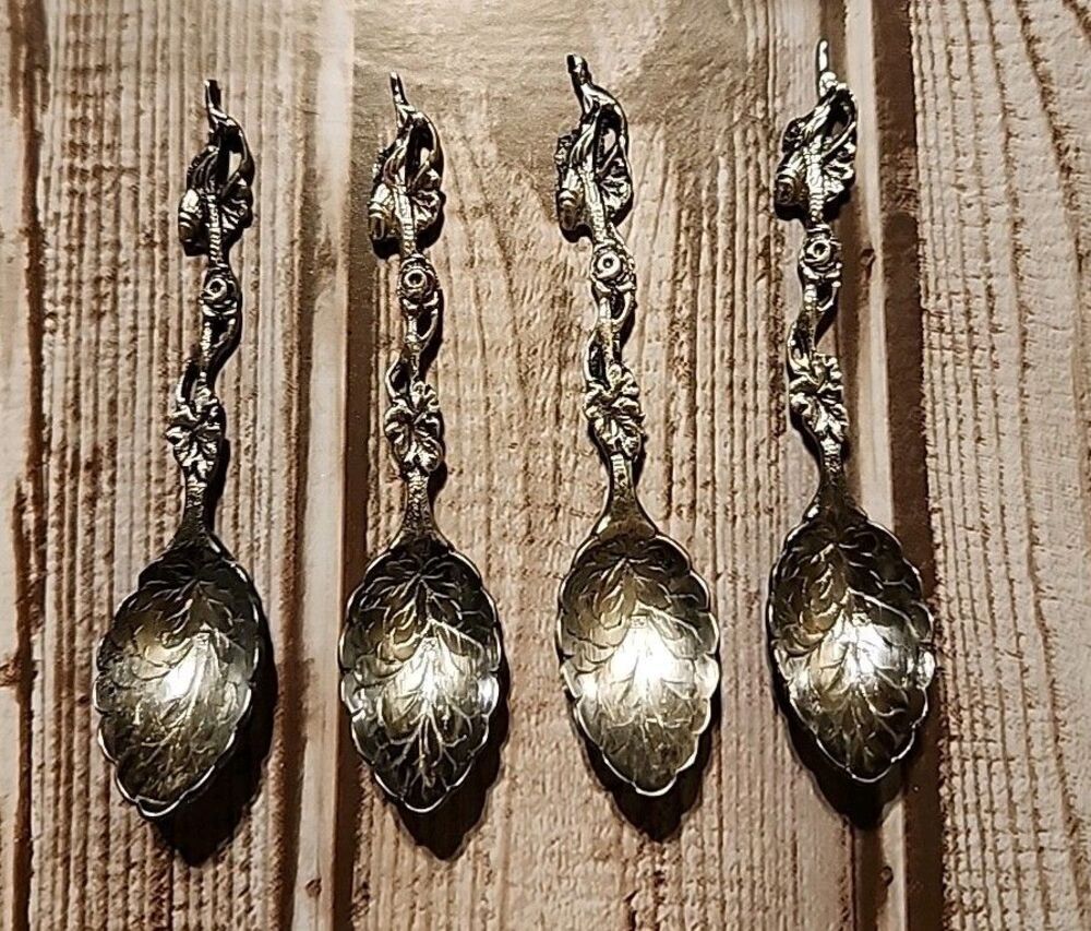 Set Of 4 Vintage Pewter Dimi Spoons With Grape Vine Design